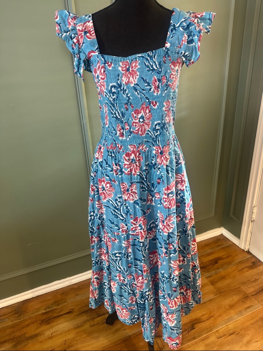 Blue Floral Smocked Midi Dress with Flutter Sleeves